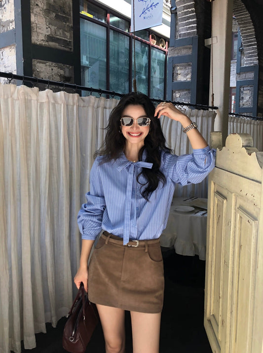 蝴蝶結綁帶條紋恤衫