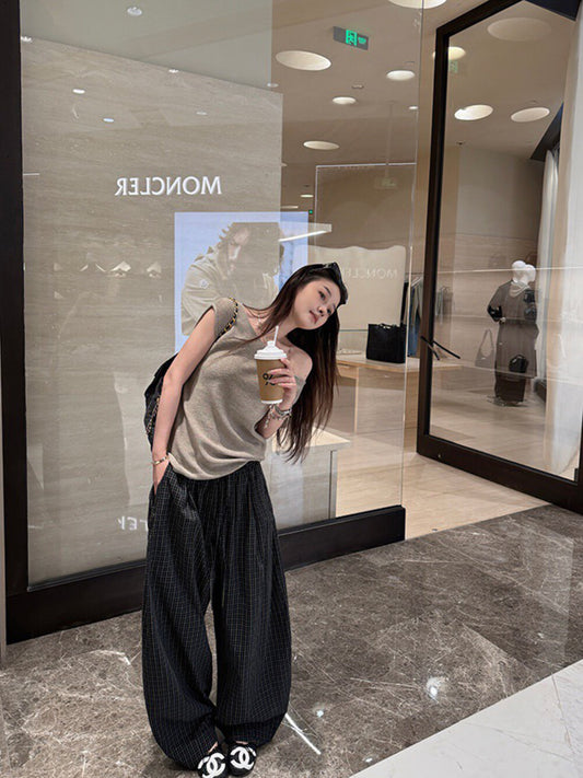 復古綠調格子休閒褲