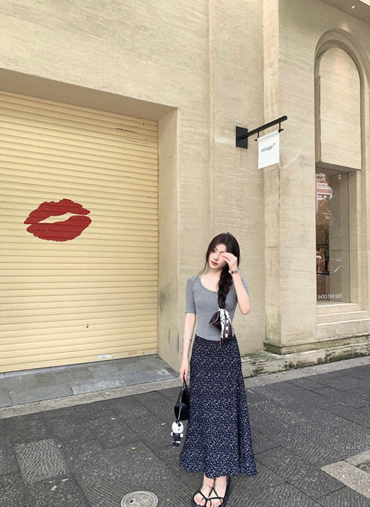 法式高腰碎花魚尾裙