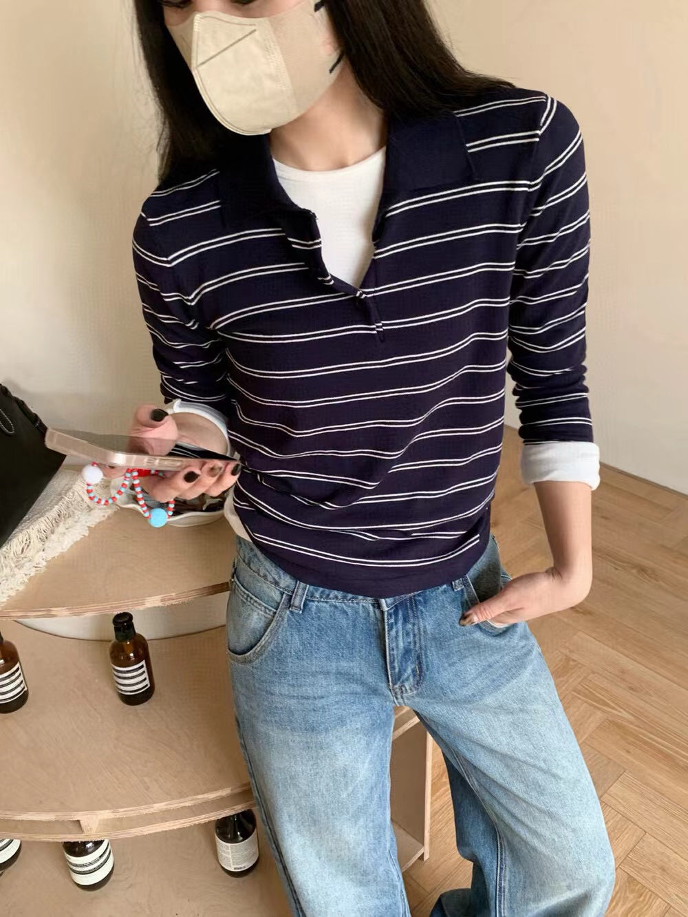 翻領修身條紋長袖T恤