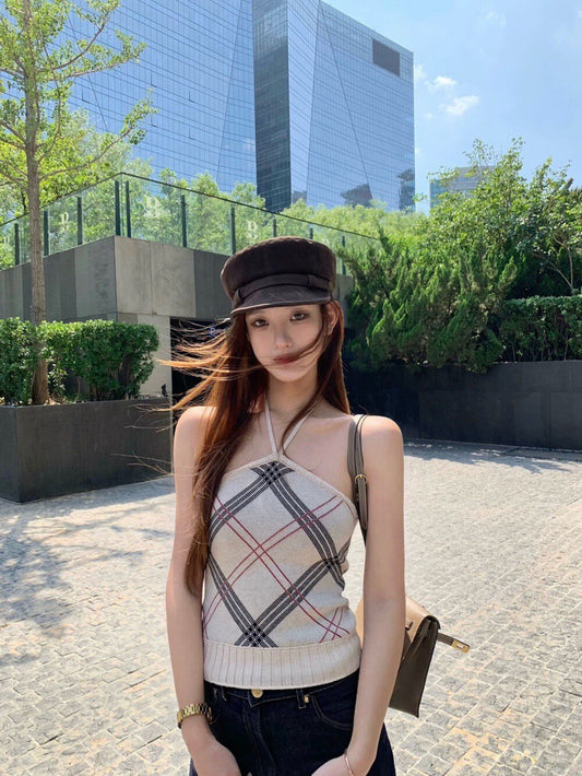 法式格紋抹胸內搭+長袖針織開衫set