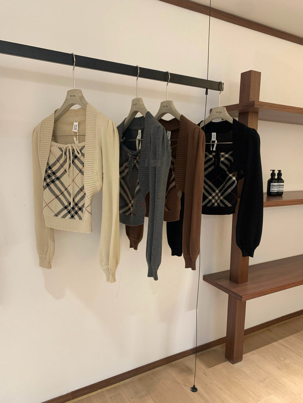 法式格紋抹胸內搭+長袖針織開衫set