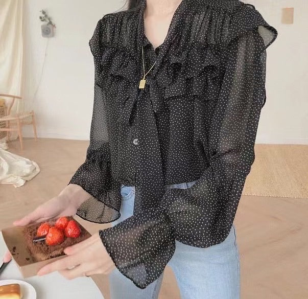 Polka Dot Long Sleeve Chiffon Top