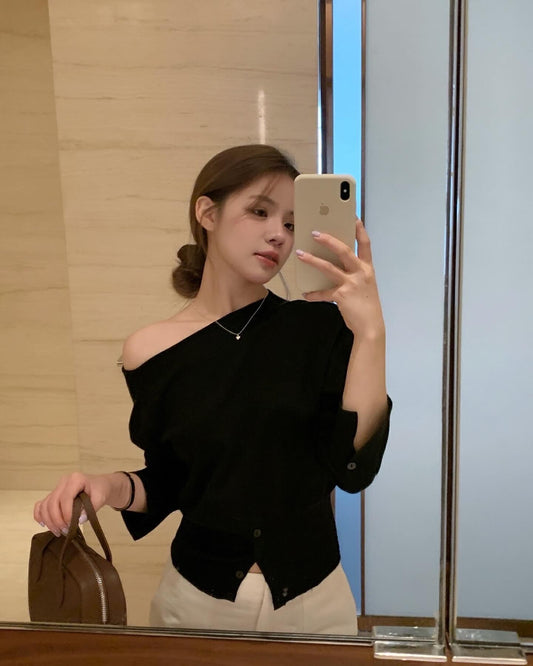 簡約斜肩針織top