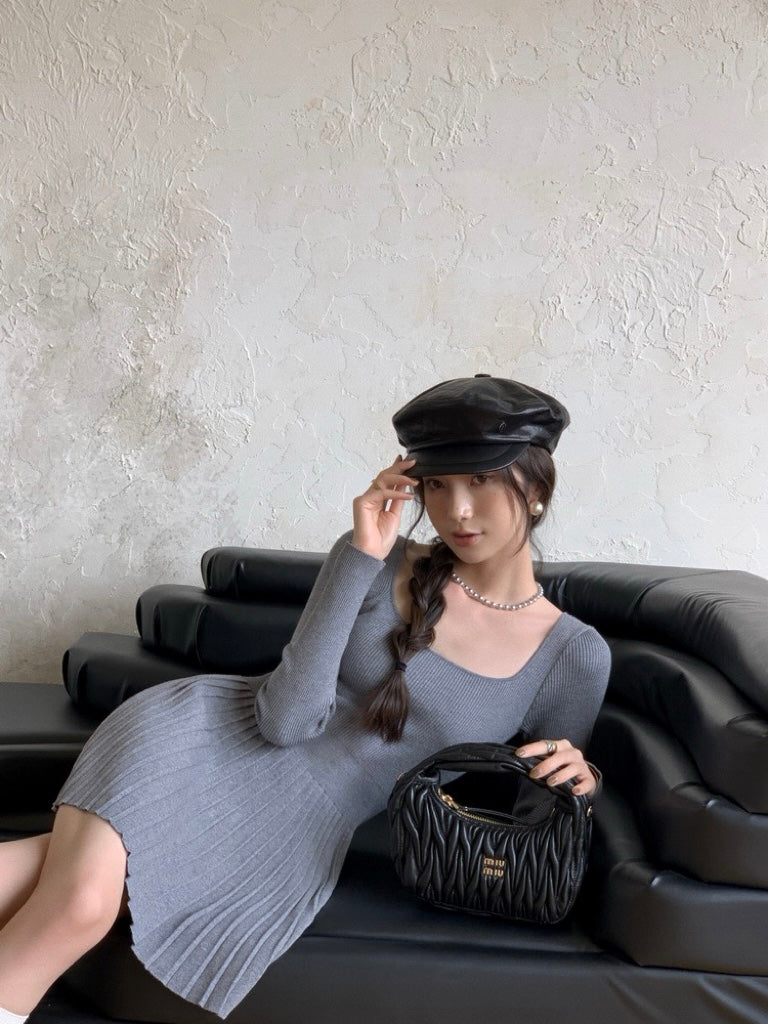 法式方領修腰連身裙