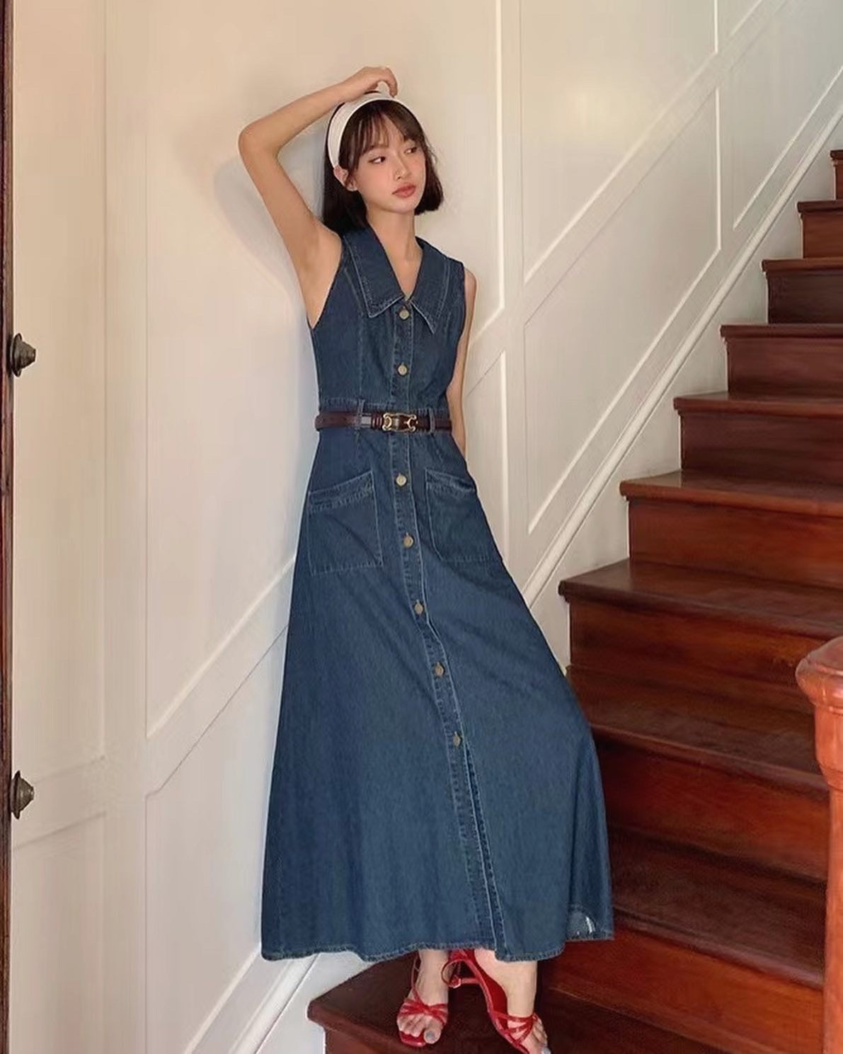 Vest-style Buttoned Denim Long Skirt