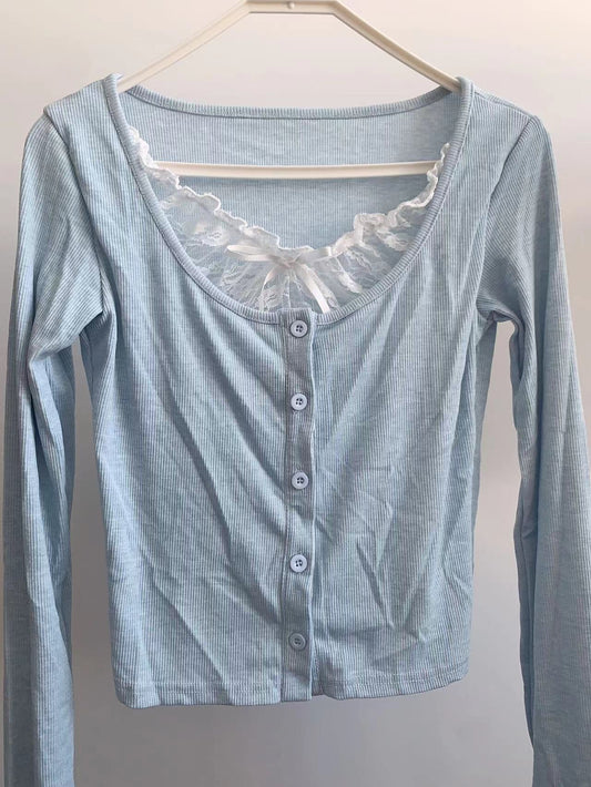 Korean-style Sweet Lace Color-block Bowknot Top
