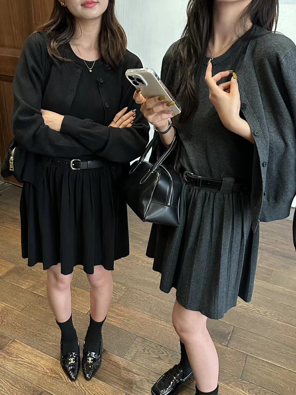 長袖針織開衫+背心壓褶連身裙套裝