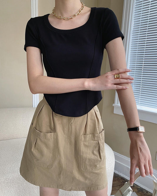 U-neck herringbone T-shirt