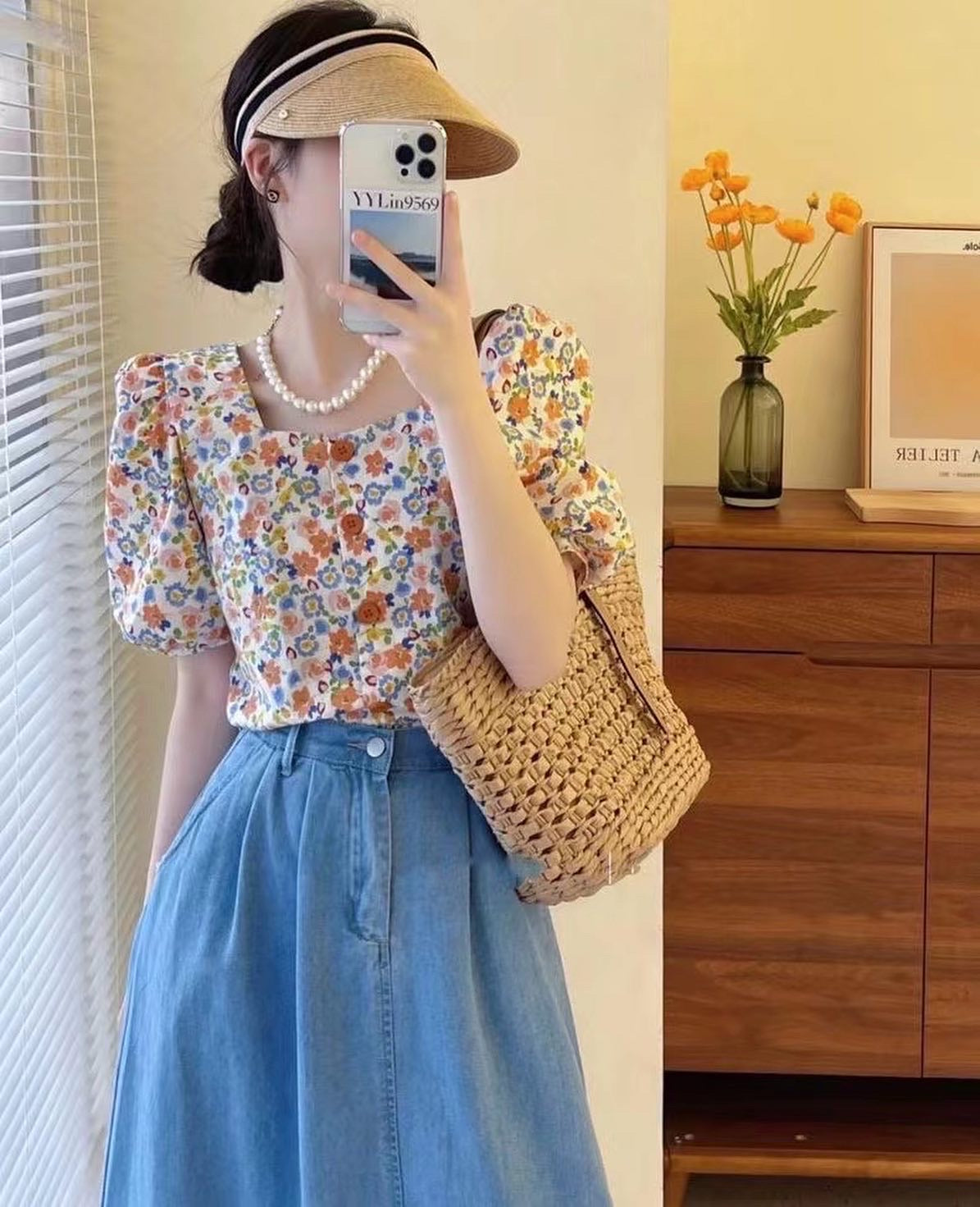 Wide-leg denim skirt