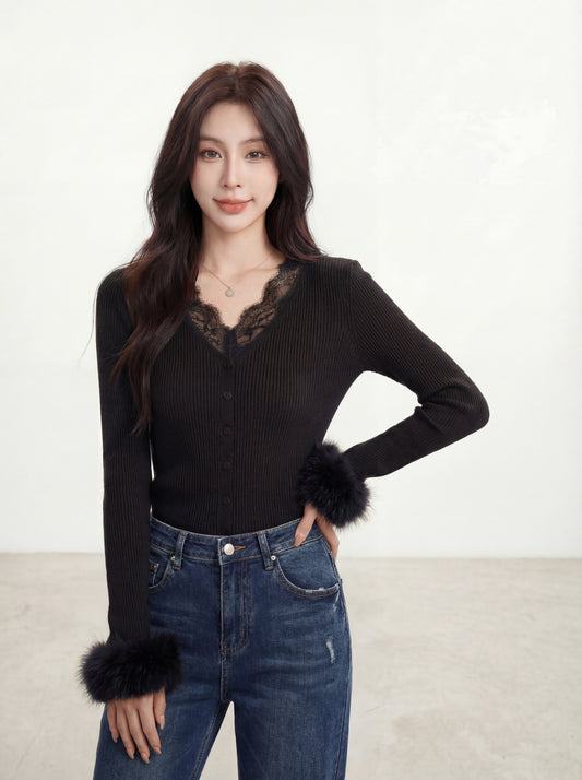 レースVネックファー袖ニット