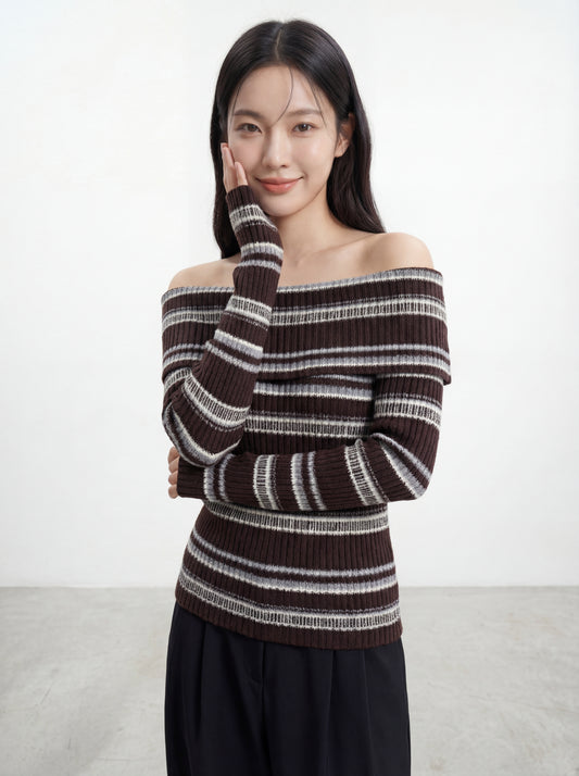 Off-shoulder Striped Color-block Knit Top