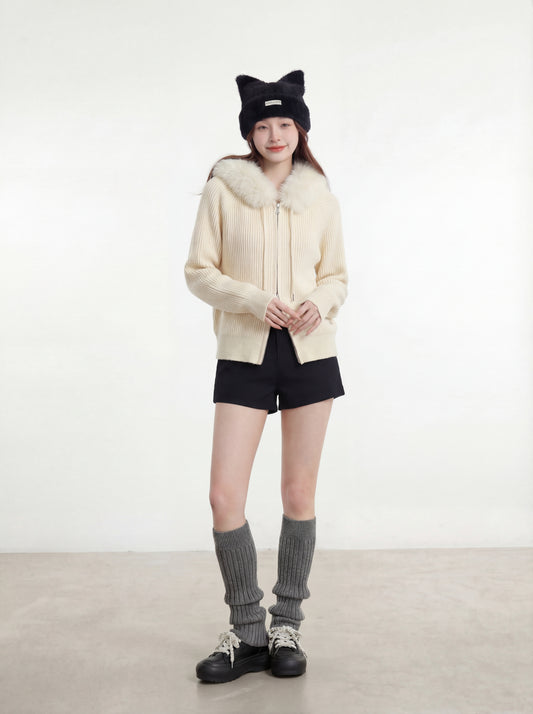 連帽大毛領雙拉鏈開衫