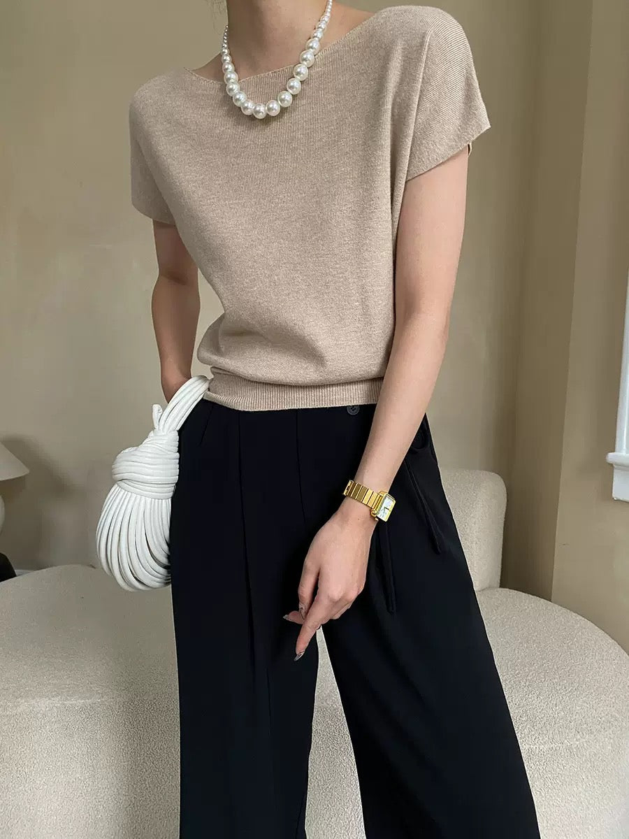 French Minimalist Cap Sleeve Knit Top