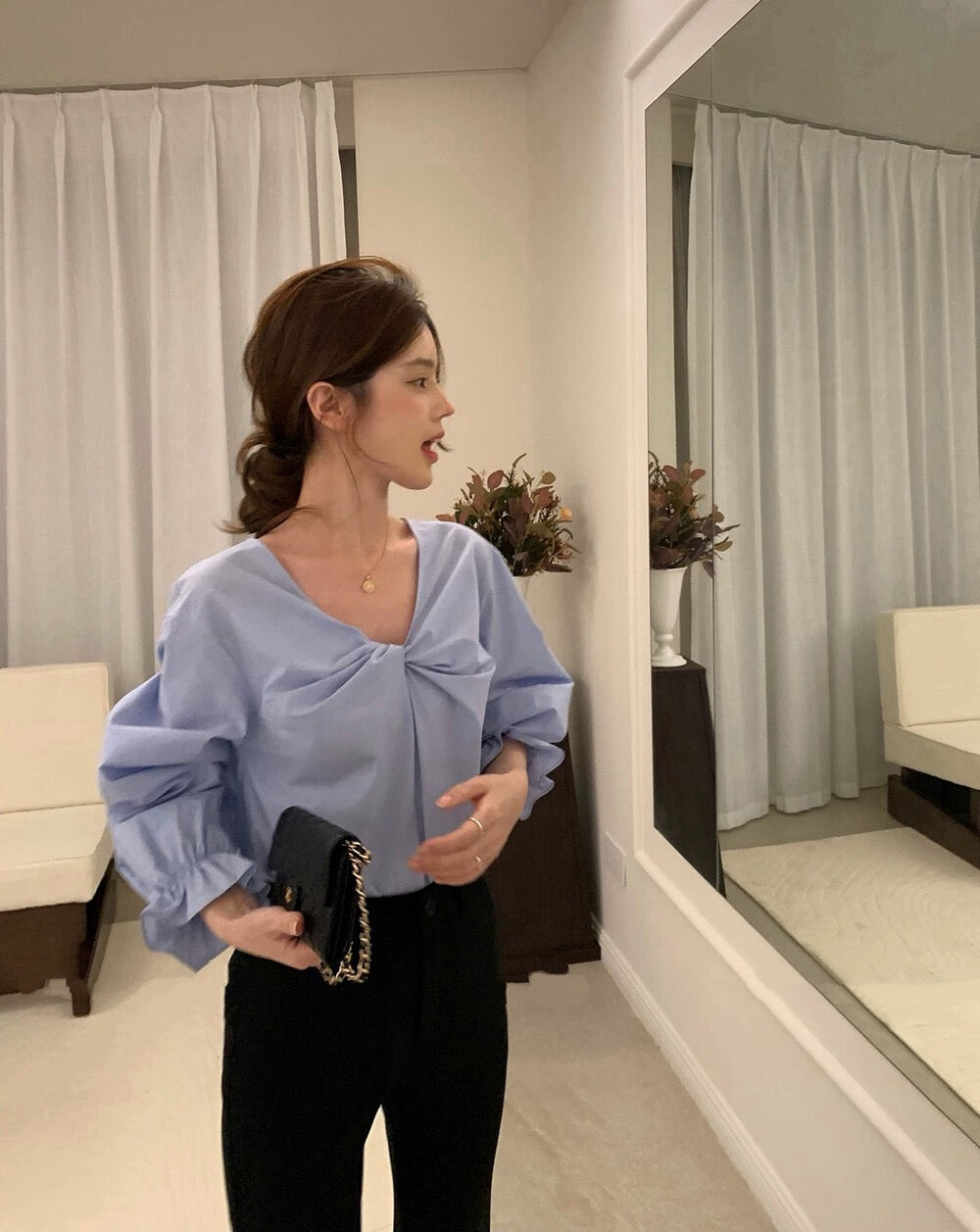 Casual Chic V-neck Twisted Long Sleeve Shirt