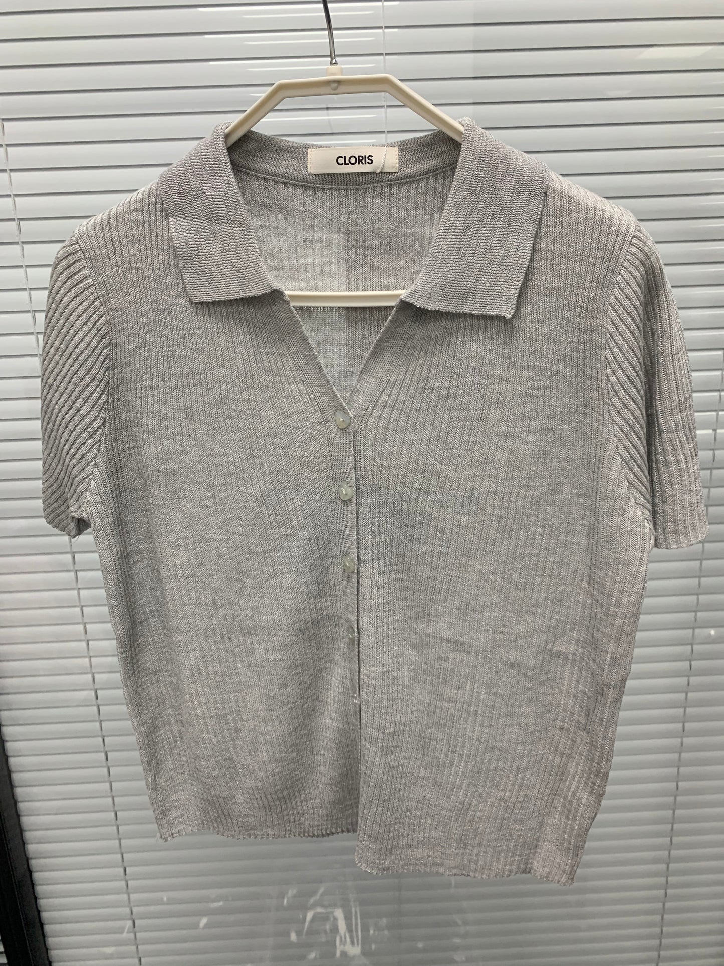 Minimalist Lapel Button-Down Ribbed Knit Short Sleeve Top