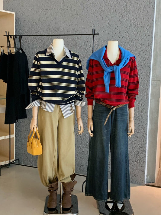 Vintage Striped Loose Long Sleeve Shirt with Turn-Down Collar