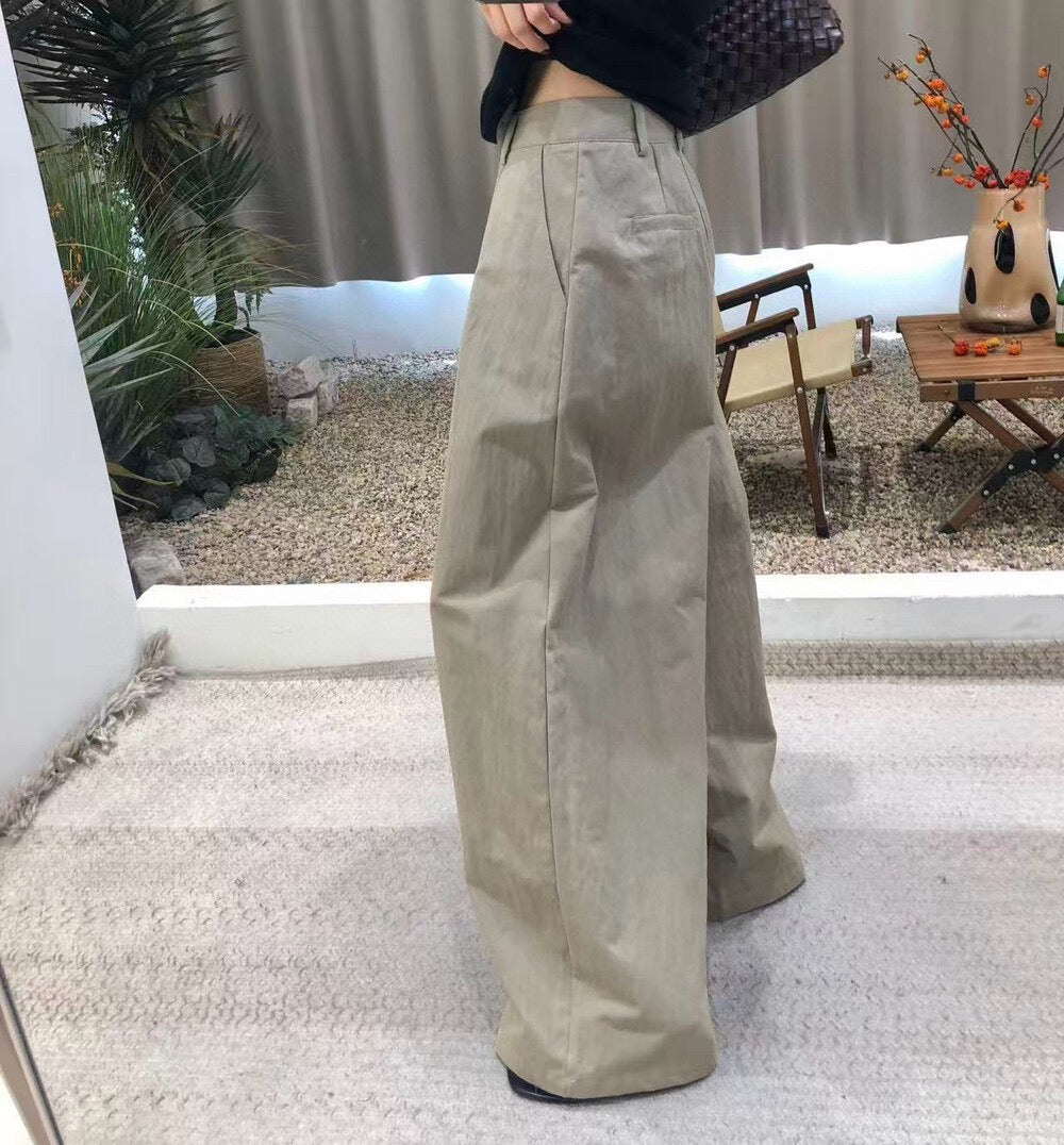 Relaxed Style Pleated Wide-Leg Casual Pants