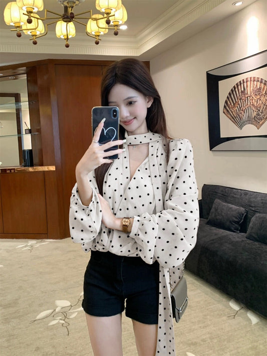 Vintage Ribbon Long Sleeve Polka Dot Unique Loose Blouse
