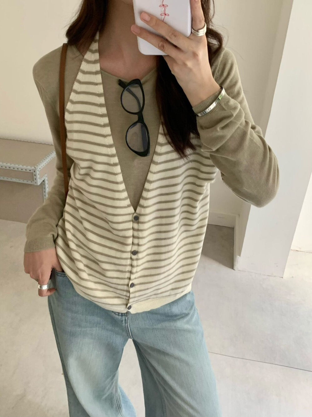 Striped Knit Sweater with Spliced Mock Two-Piece Halter Neck