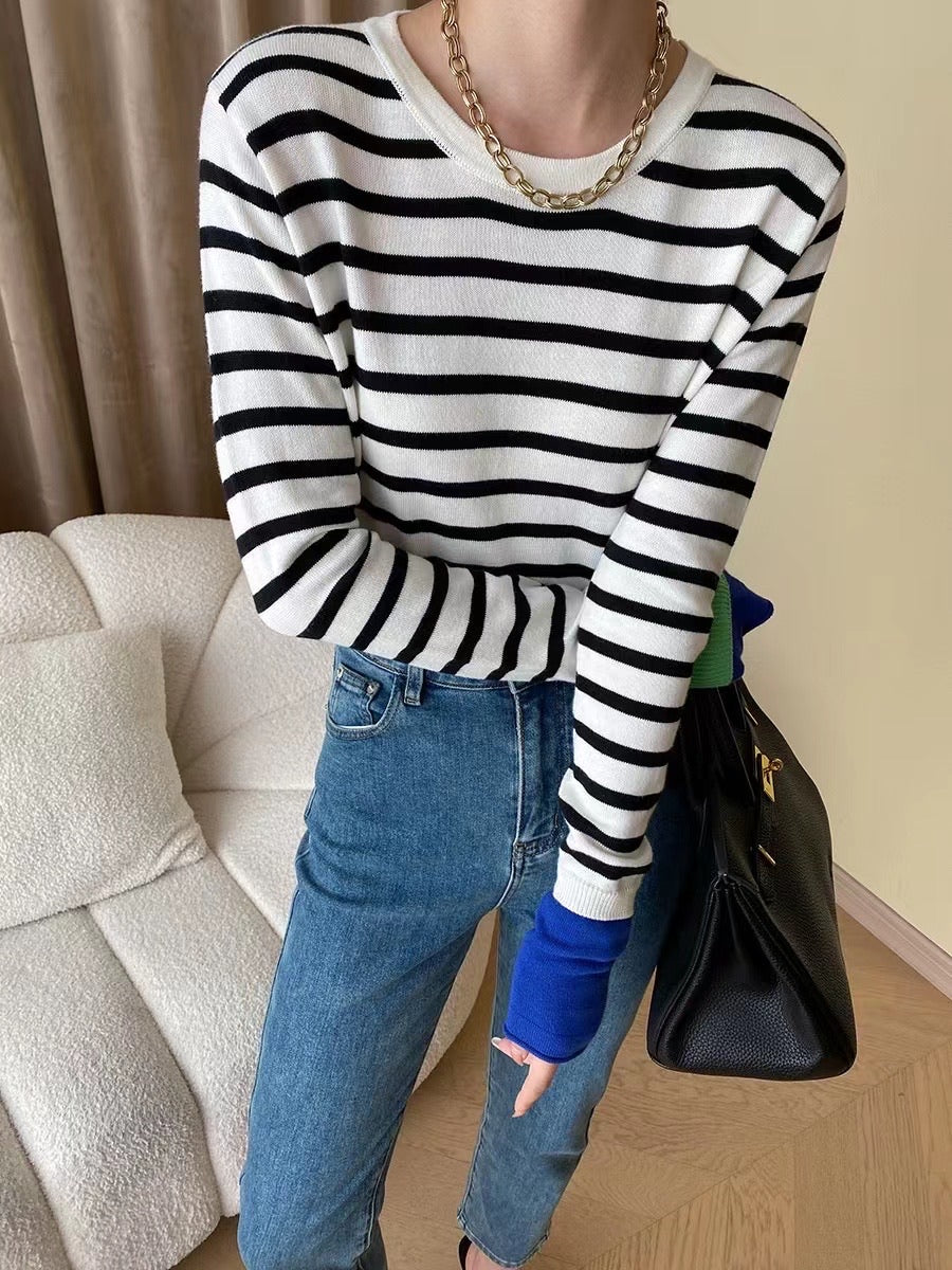 Color-Blocked Striped Long Sleeve Top