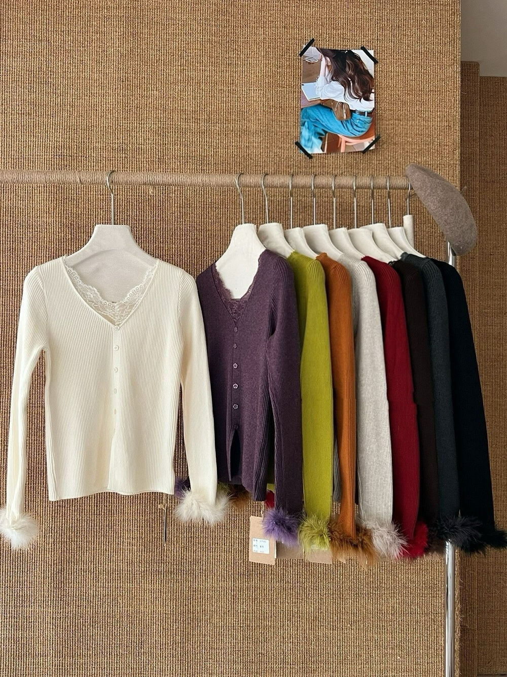 Lace V-neck Fuzzy Sleeve Sweater