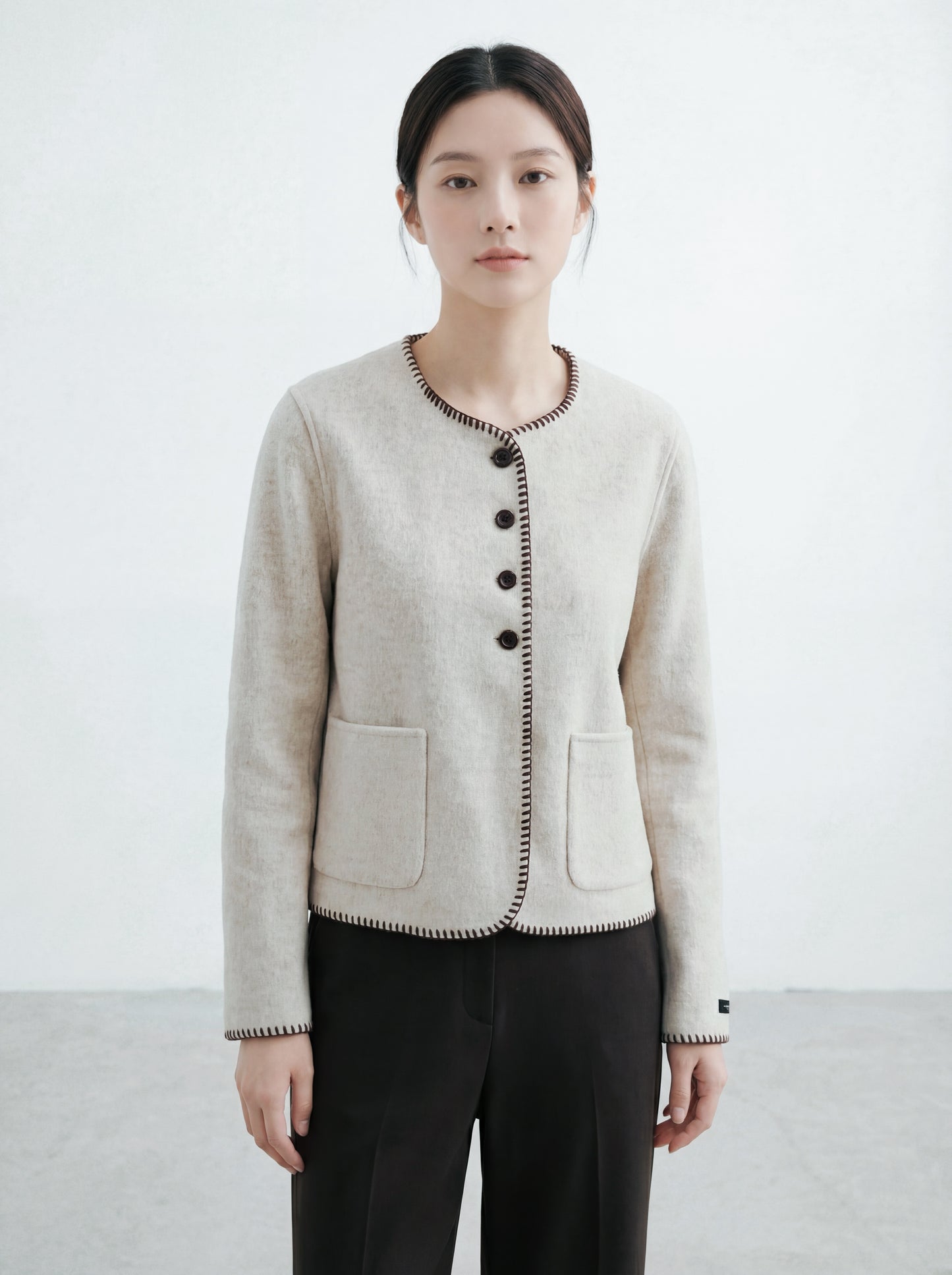 Round Neck Color-Blocked Trim Woolen Coat