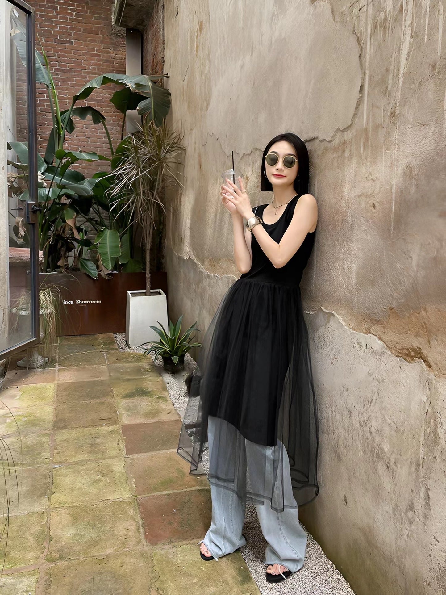 拼紗U領背心長裙