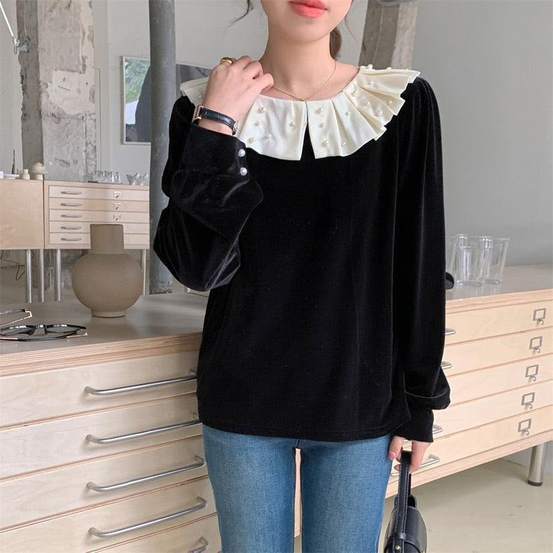 荷葉珍珠領絲絨上衣