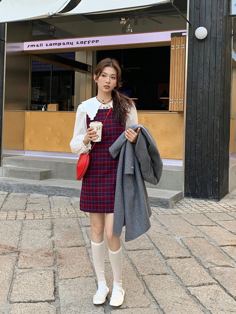 恤衫+格仔連身裙set