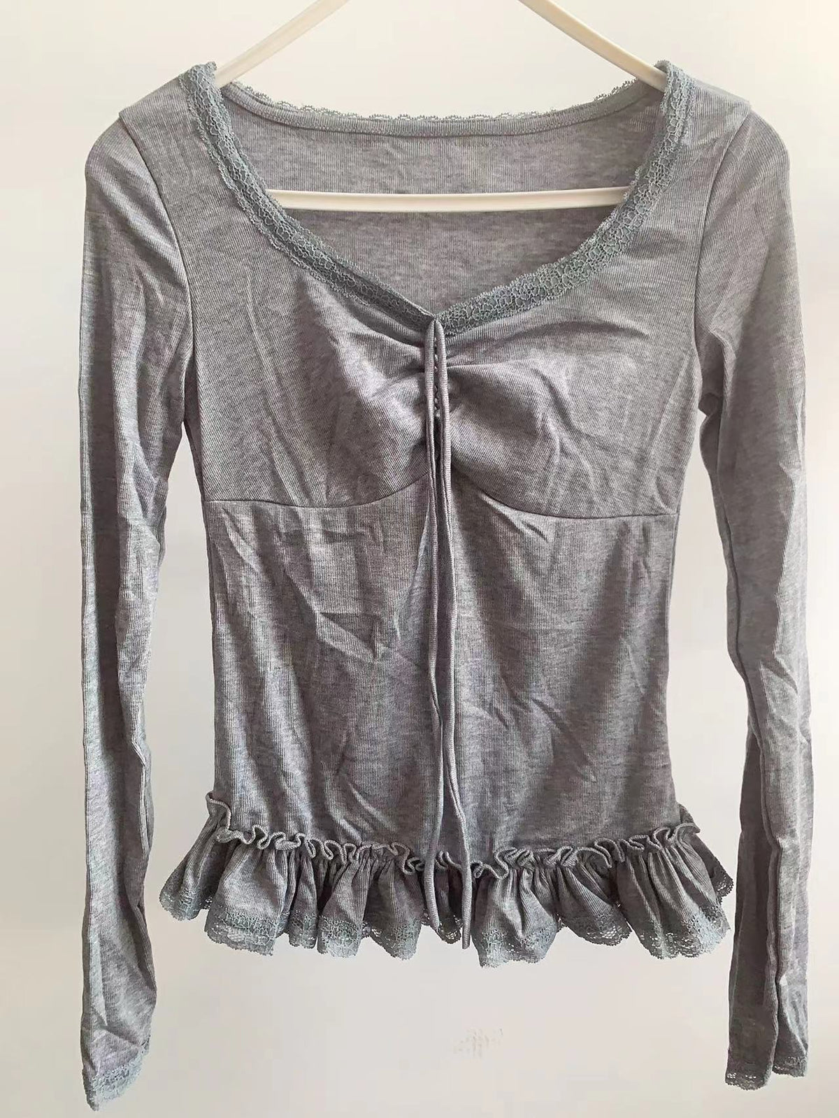 Lace Patchwork Tie-Up Slim Fit Long Sleeve Blouse