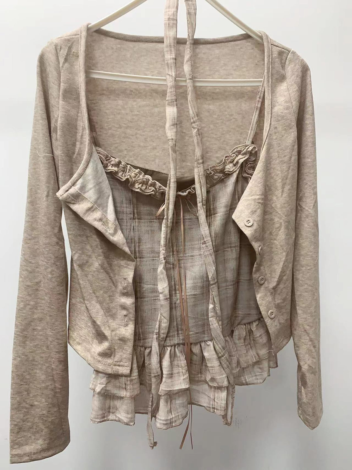 Ruffled Plaid Camisole + Long Sleeve Cardigan Set