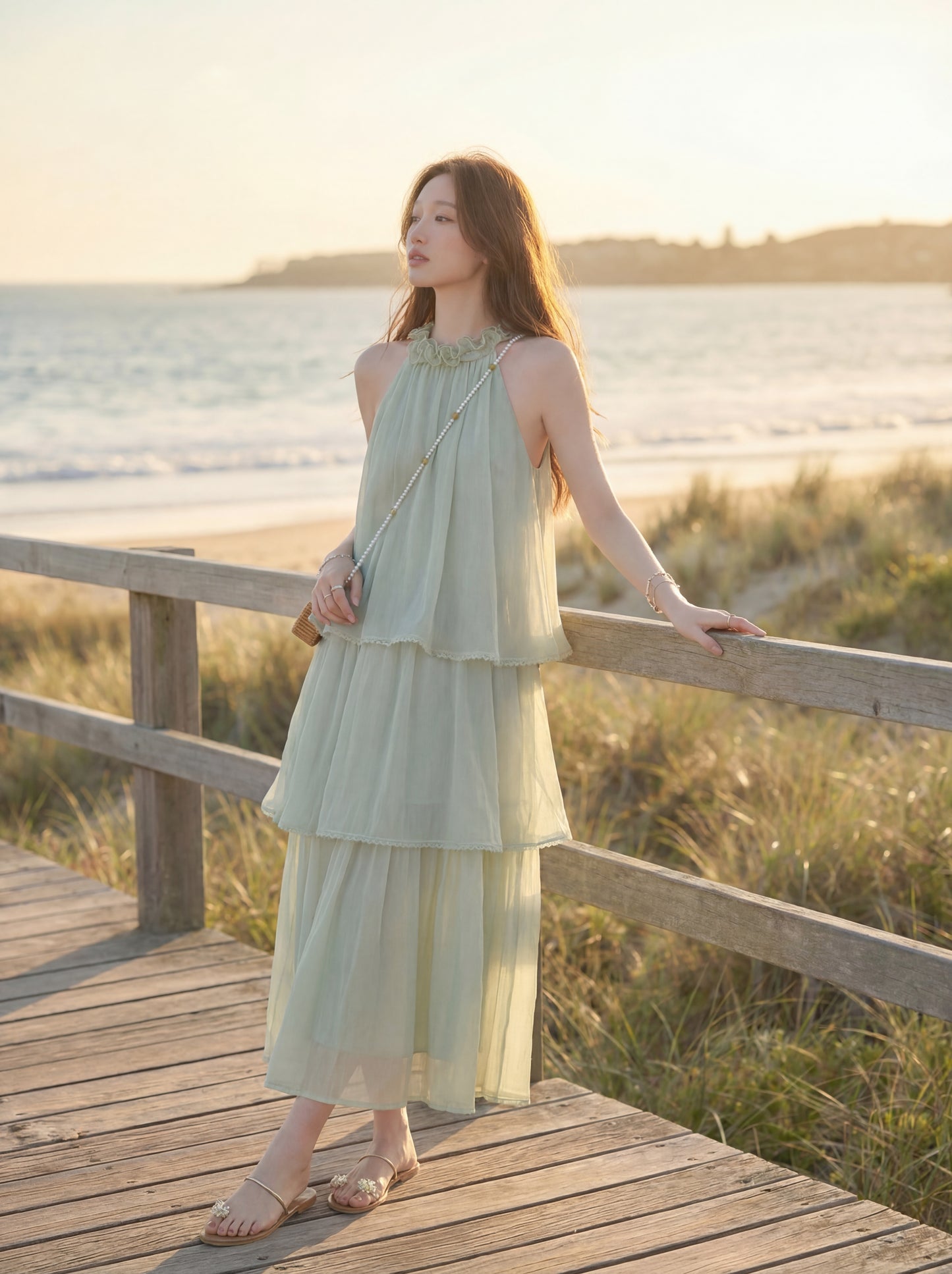 レースホルターネックティアードワンピース