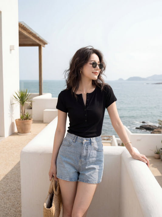 韓系正肩百搭修身半開扣短袖T恤