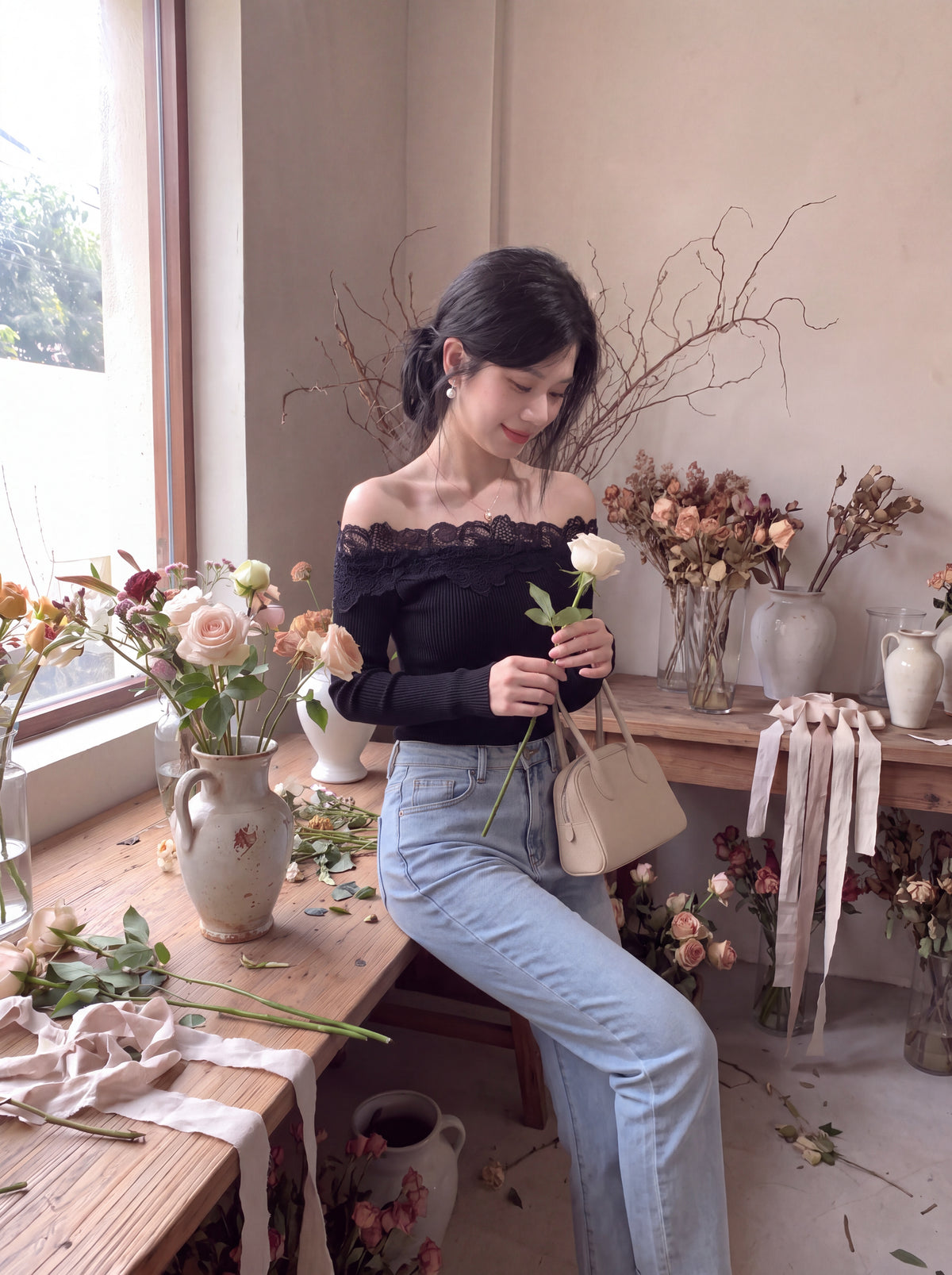 Heavy Crochet Lace Off-Shoulder Knit Top