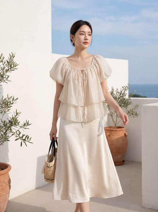 ダブルフリルパフスリーブブラウス