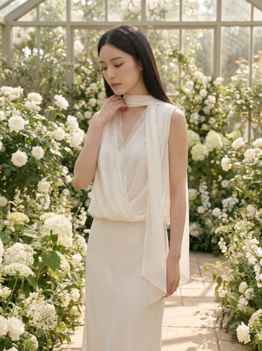 蕾絲V領飄帶無袖小衫