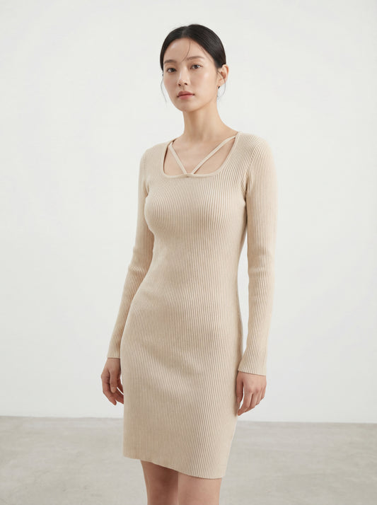 法式方領純欲長袖連身裙