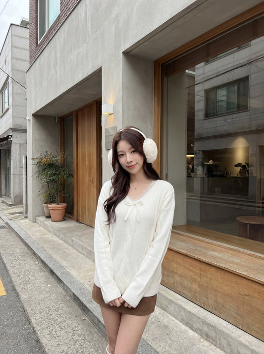 少女感蕾絲V領蝴蝶結保暖毛衣