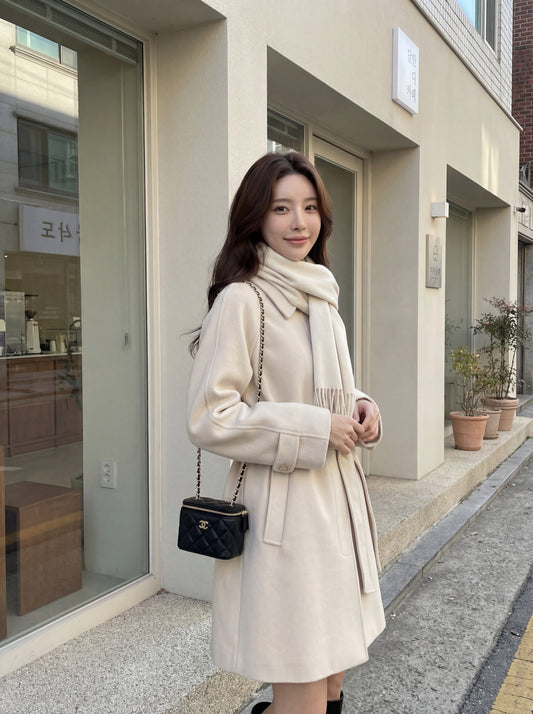 翻領系帶收腰毛呢大衣