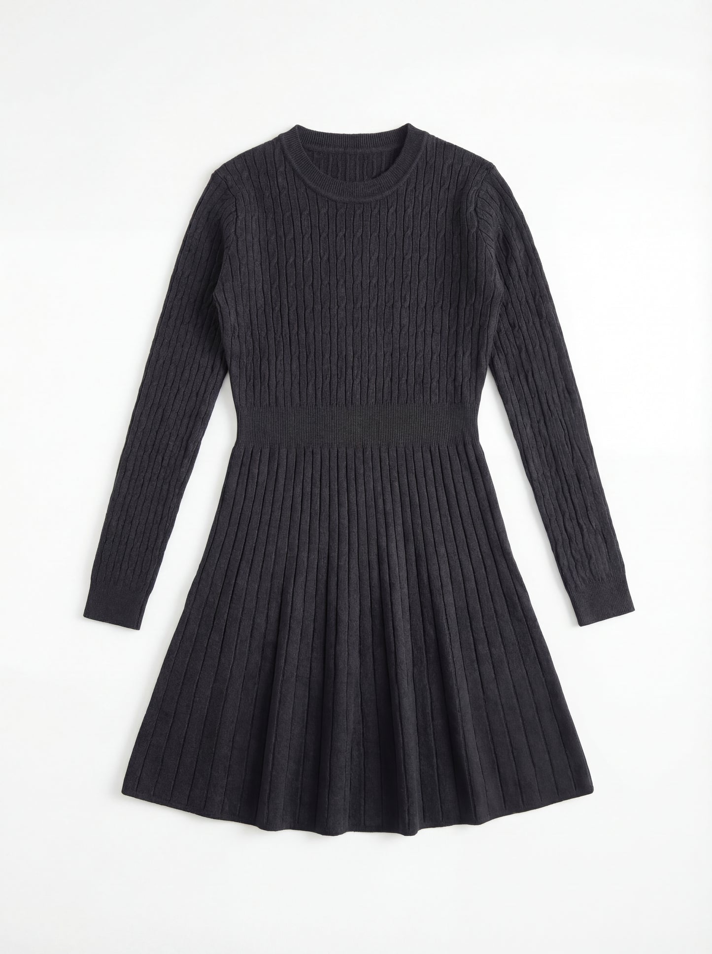 Round Neck Cable Knit Long Sleeve Sweater Dress