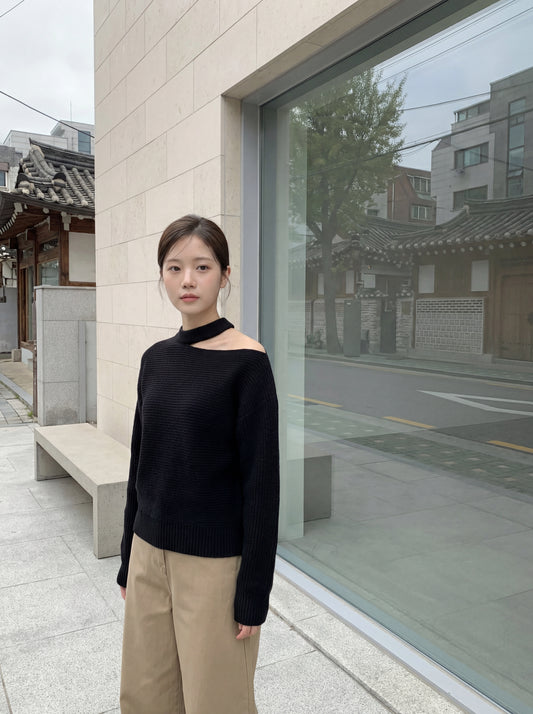韓系斜肩掛脖針織衫