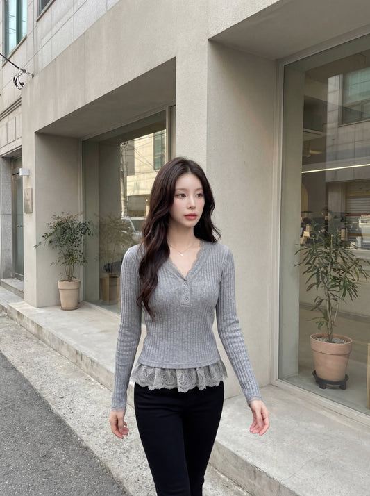 韓系純欲蕾絲拼接磨毛小衫