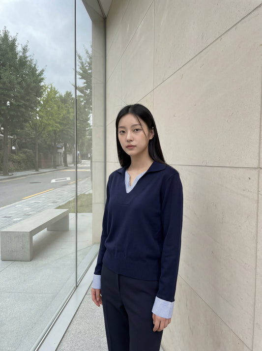 拼接假兩件條紋撞色保暖上衣