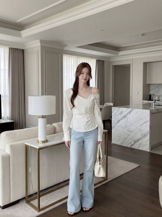 不對稱交叉領露肩小衫