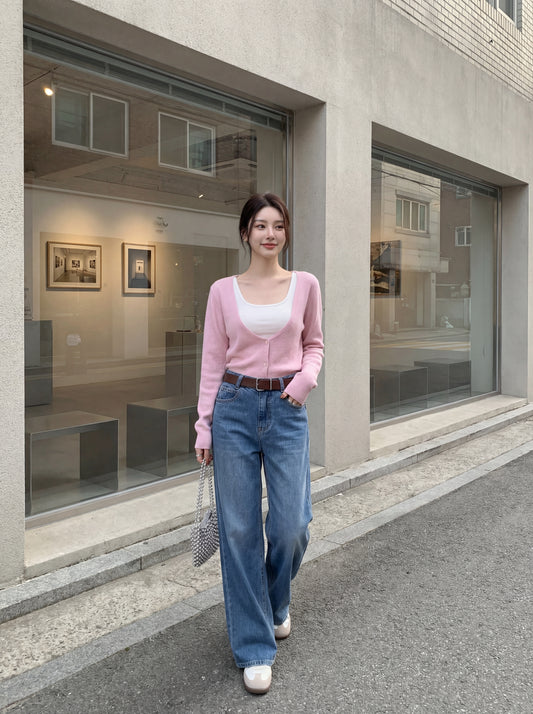 立體設計感彈力牛仔直筒褲