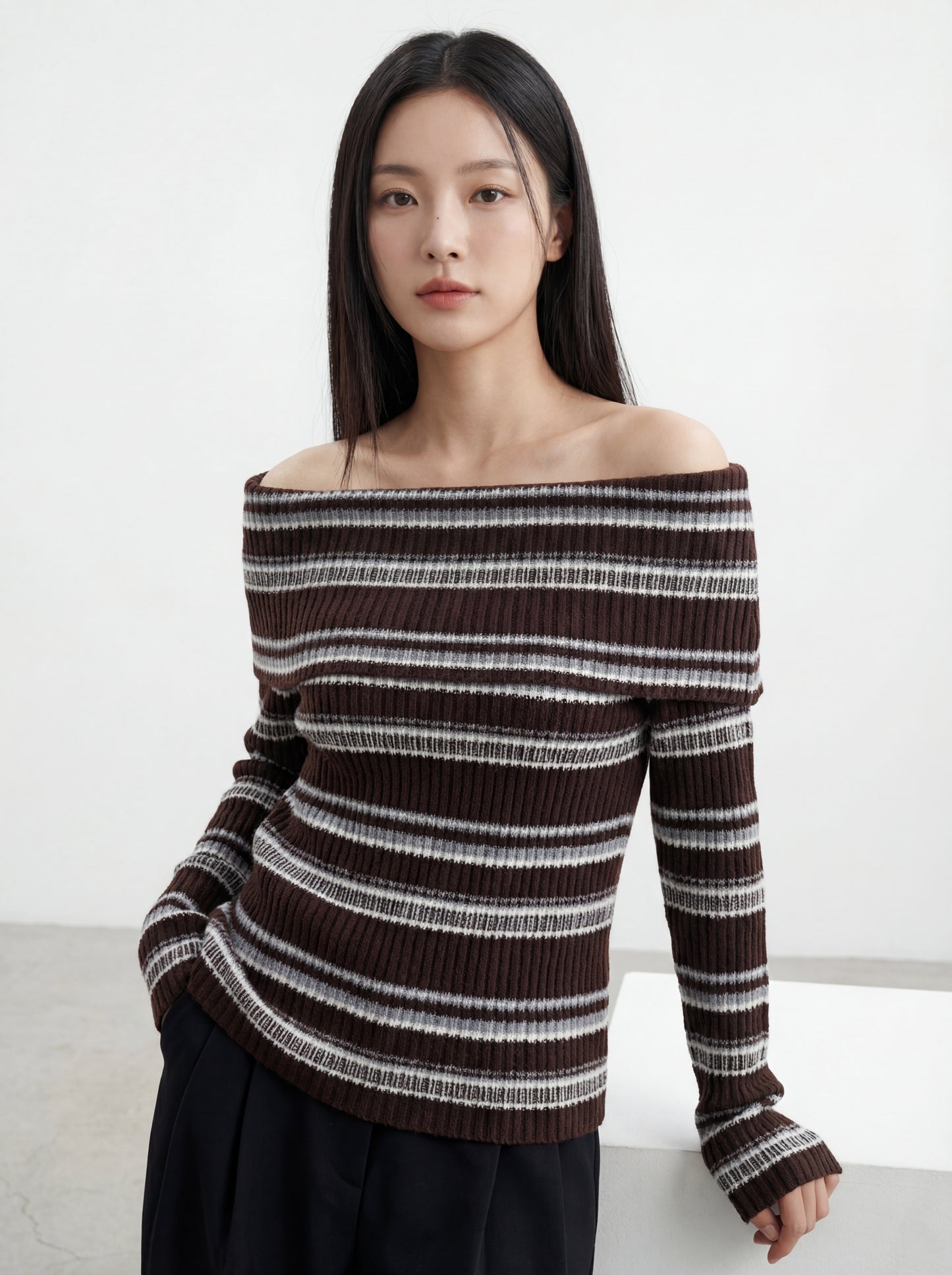 Off-shoulder Striped Color-block Knit Top