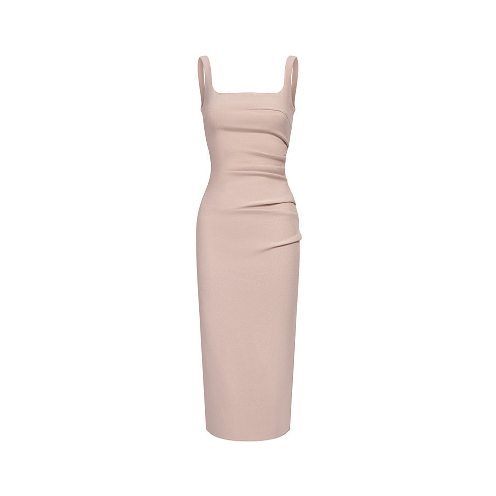 Light pink sleeveless ruched midi dress flat lay