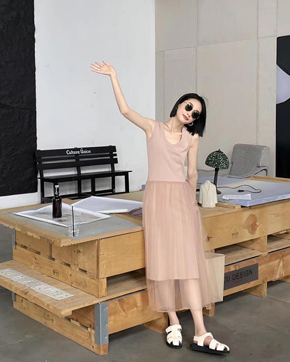 編み糸Uネックタンクトップロングスカート