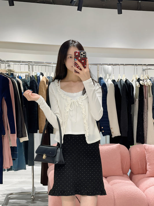 甜美木耳邊系帶假兩件小衫